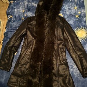Black Rivet Leather Jacket with Brown Fur Lining